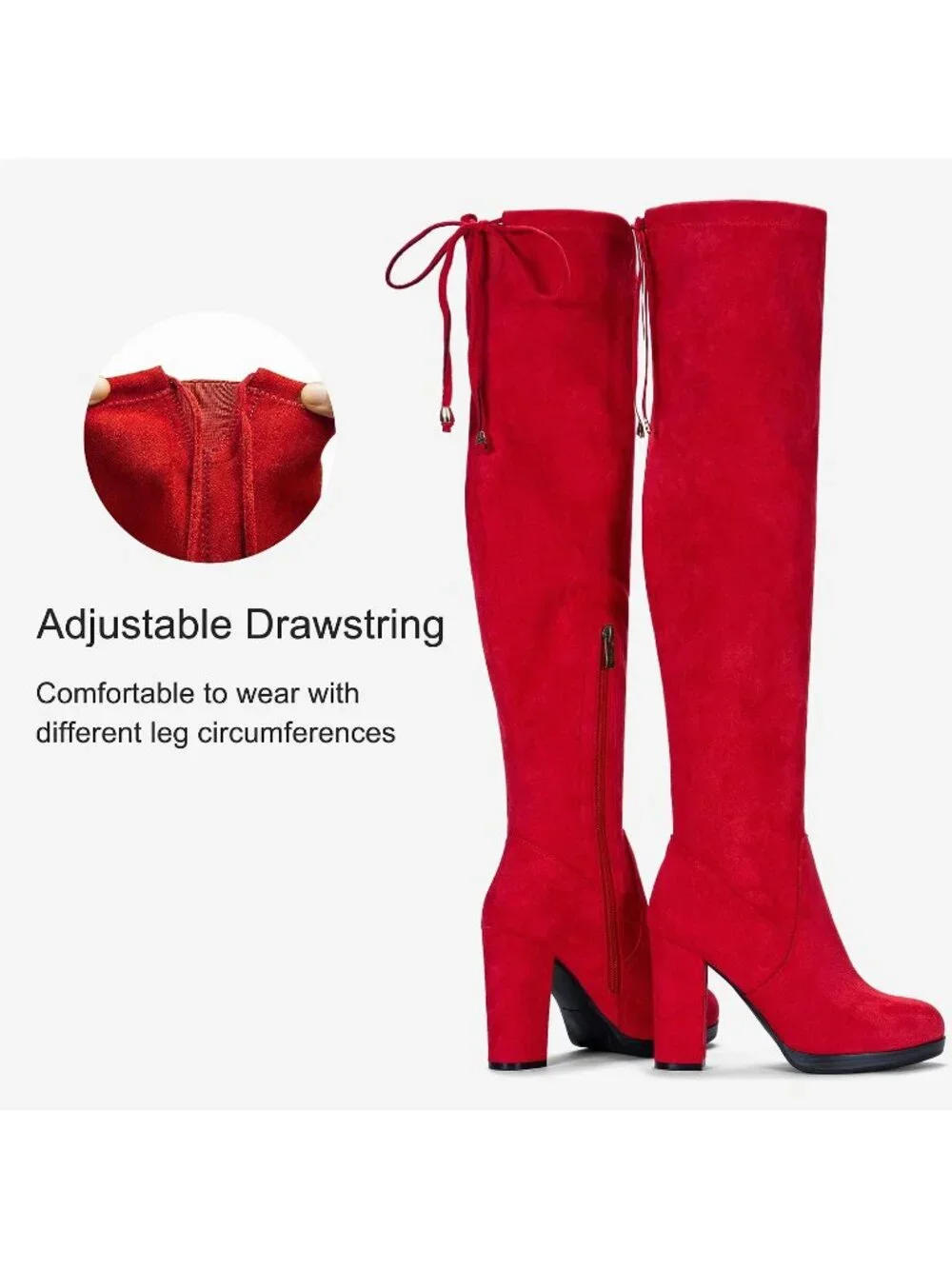 Women's Red Block Heel Round Toe Faux Suede Over The Knee Thigh High Boots